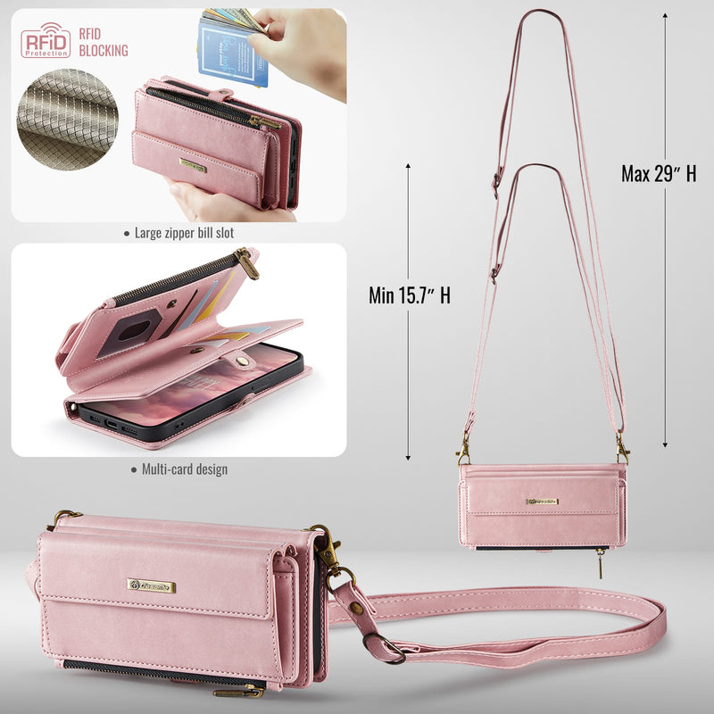 iPhone 14 Crossbody Case with Strap, Card Slots & Zipper Pocket [Pink]
