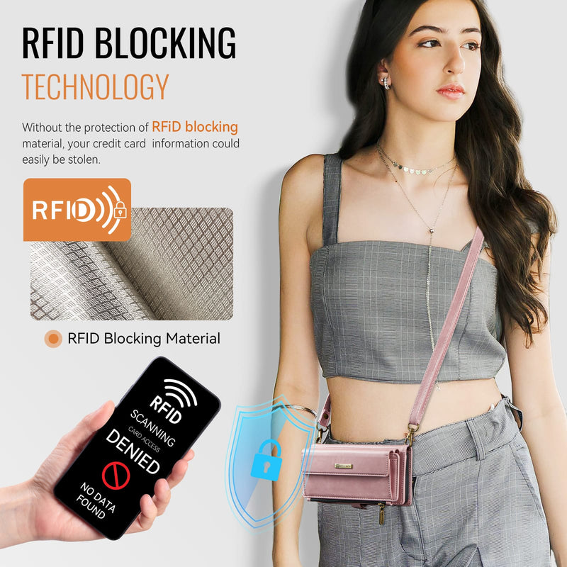 iPhone 15 Crossbody Case with Strap, Card Slots & Zipper Pocket [Pink]