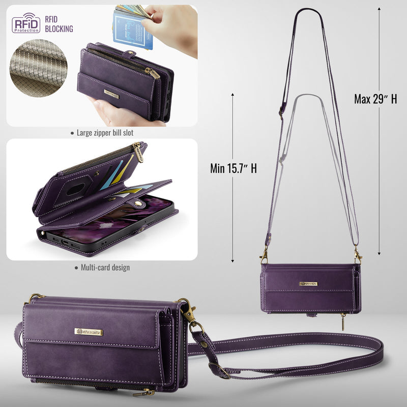 iPhone 14 Crossbody Case with Strap, Card Slots & Zipper Pocket [Purple]