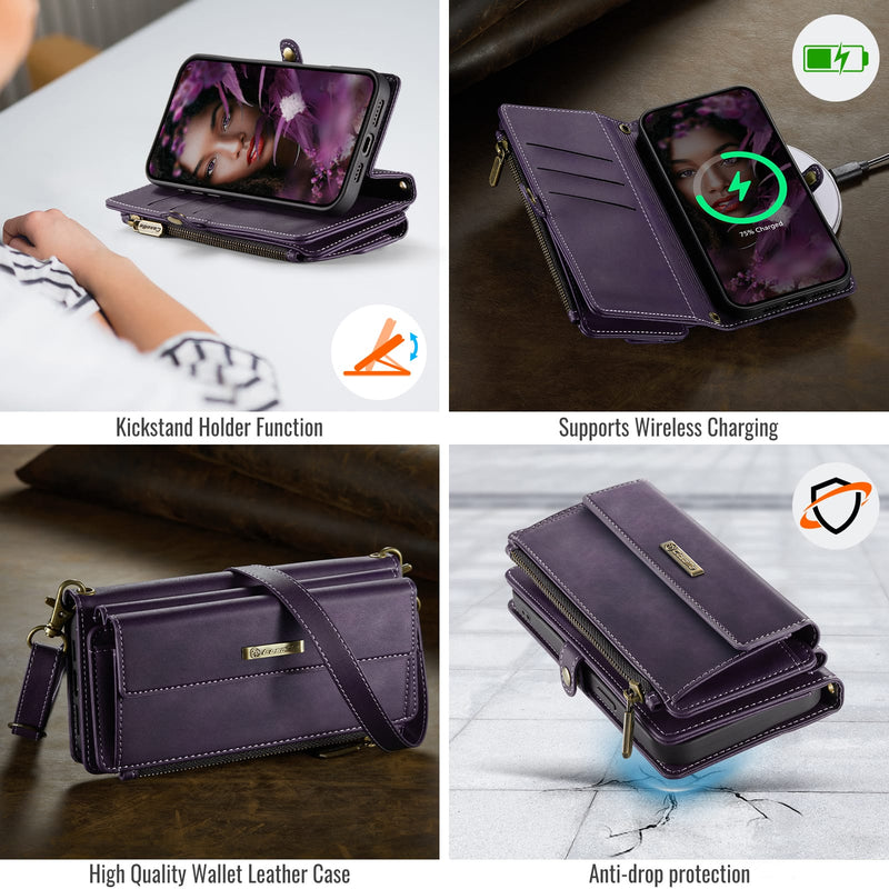 iPhone 15 Crossbody Case with Strap, Card Slots & Zipper Pocket [Purple]
