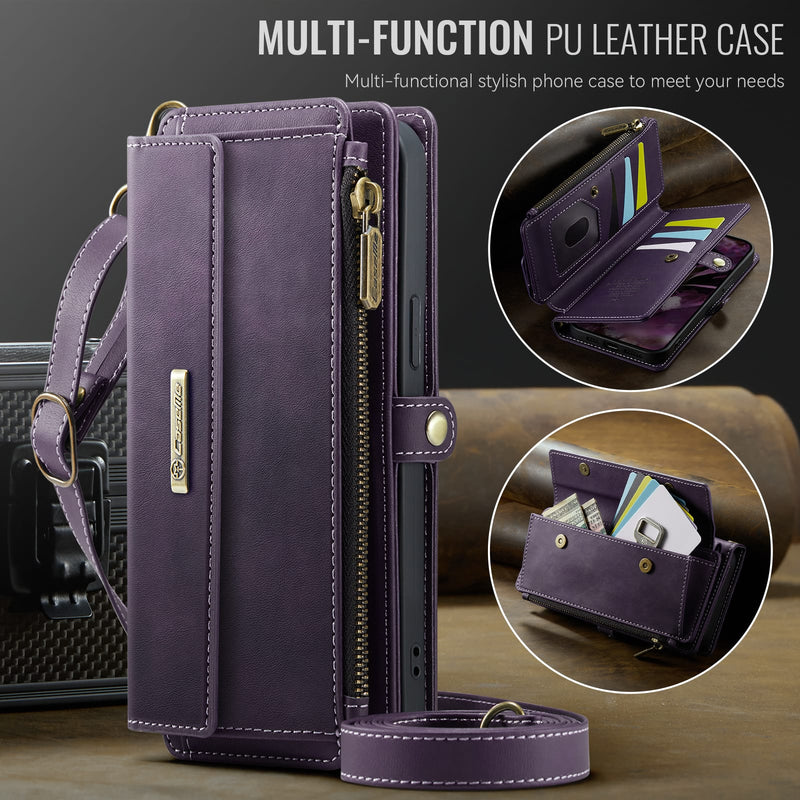 iPhone 14 Crossbody Case with Strap, Card Slots & Zipper Pocket [Purple]