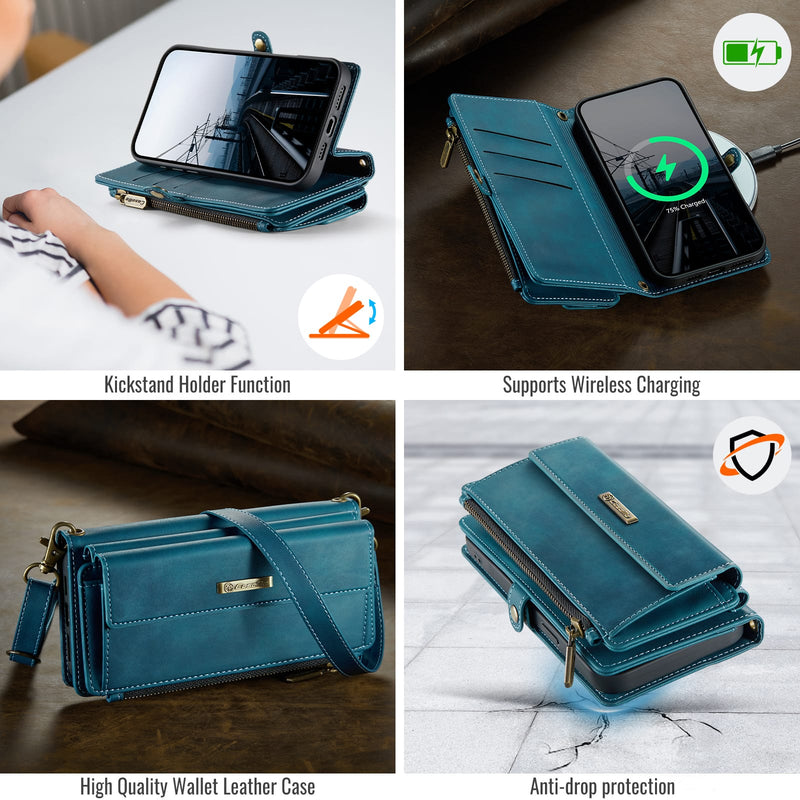 iPhone 15 Plus Crossbody Case with Strap, Card Slots & Zipper Pocket [Teal]