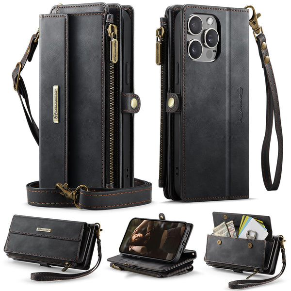 iPhone 14 Pro Crossbody Case with Strap, Card Slots & Zipper Pocket [Black]