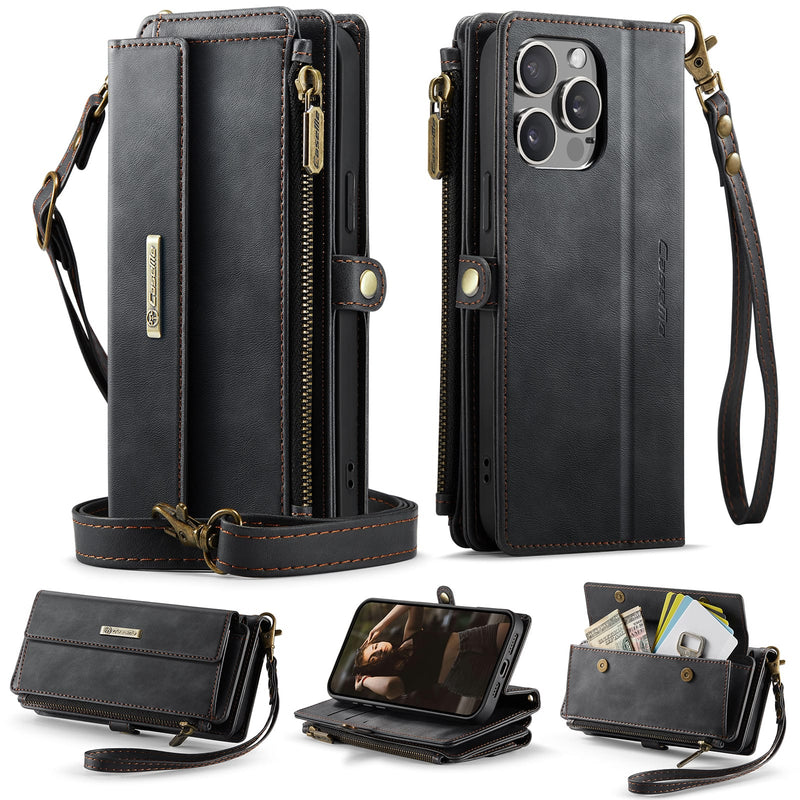 iPhone 14 Pro Crossbody Case with Strap, Card Slots & Zipper Pocket [Black]