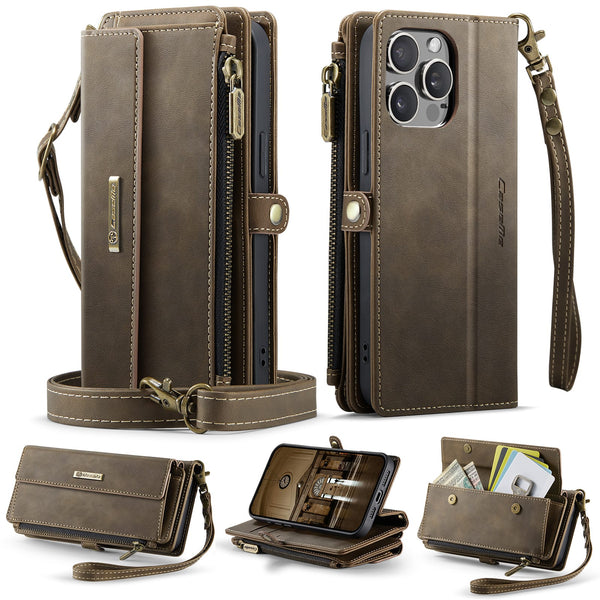 iPhone 15 Pro Max Crossbody Case with Strap, Card Slots & Zipper Pocket [Coffee]