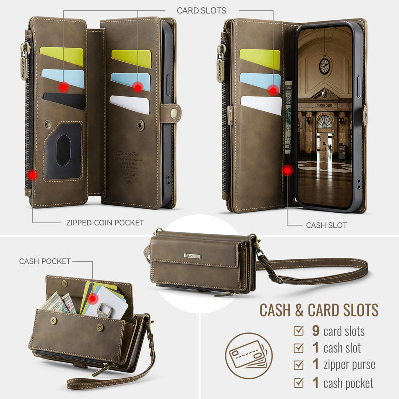iPhone 14 Pro Crossbody Case with Strap, Card Slots & Zipper Pocket [Coffee]