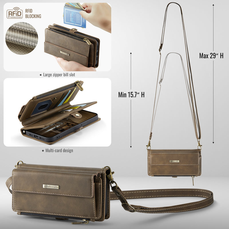 iPhone 15 Pro Crossbody Case with Strap, Card Slots & Zipper Pocket [Coffee]