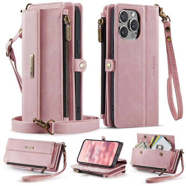 iPhone 15 Pro Max Crossbody Case with Strap, Card Slots & Zipper Pocket [Pink]