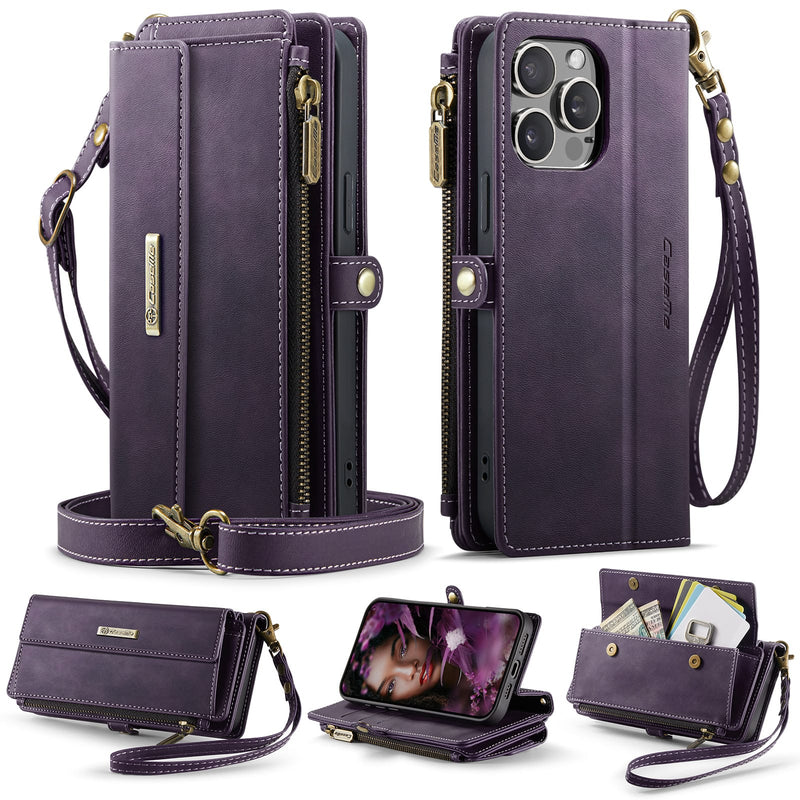 iPhone 15 Pro Crossbody Case with Strap, Card Slots & Zipper Pocket [Purple]
