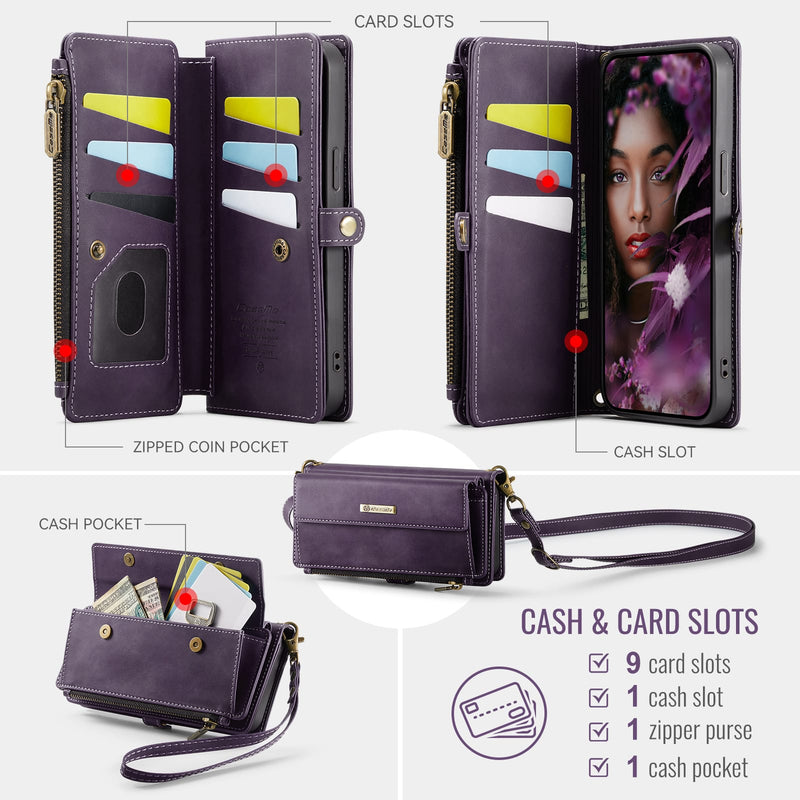 iPhone 14 Pro Crossbody Case with Strap, Card Slots & Zipper Pocket [Purple]