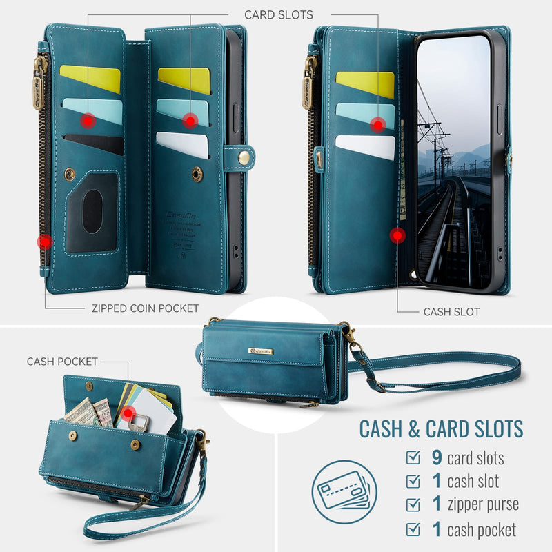 iPhone 14 Pro Max Crossbody Case with Strap, Card Slots & Zipper Pocket [Teal]
