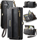 iPhone 16 Crossbody Case with Strap, Card Slots & Zipper Pocket [Black]