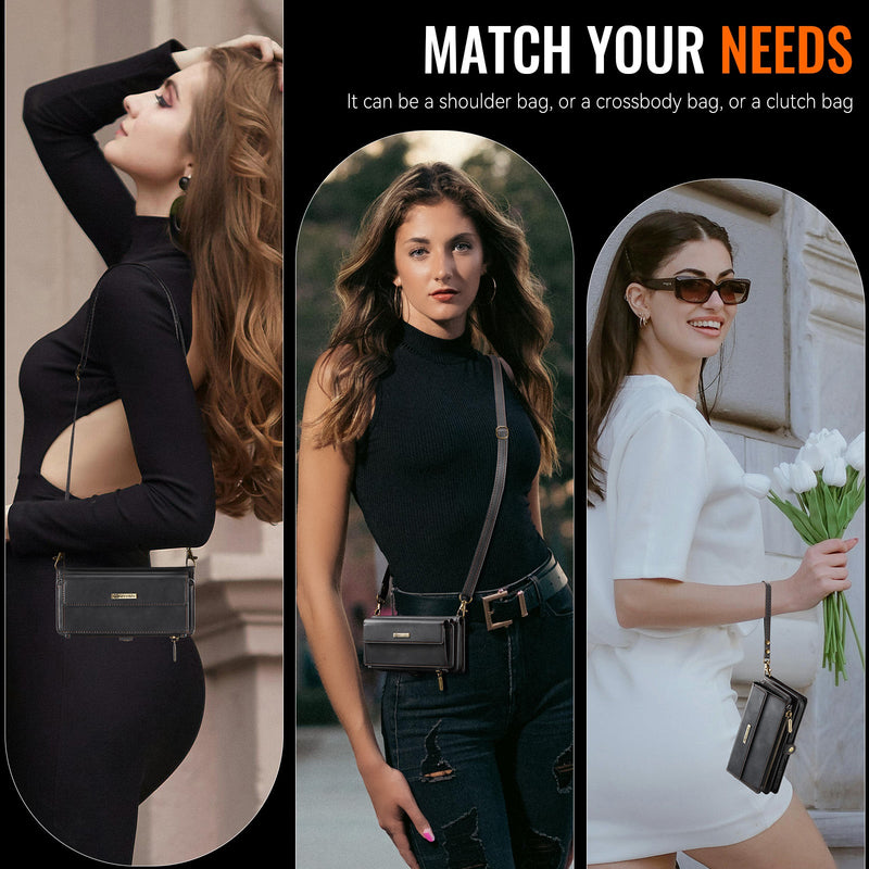 iPhone 16 Crossbody Case with Strap, Card Slots & Zipper Pocket [Black]