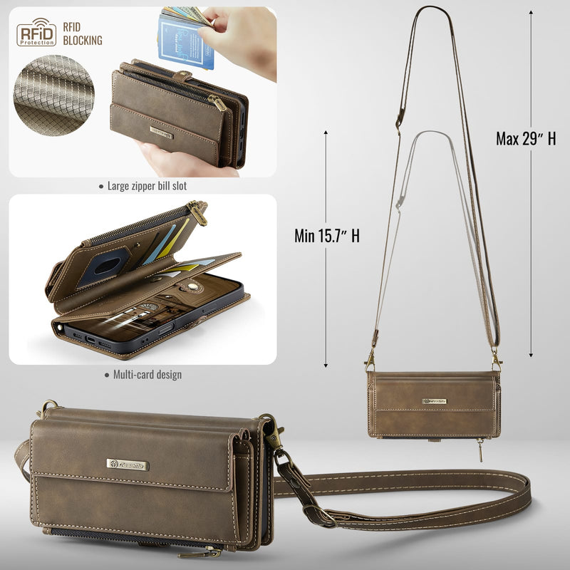 iPhone 16 Crossbody Case with Strap, Card Slots & Zipper Pocket [Coffee]