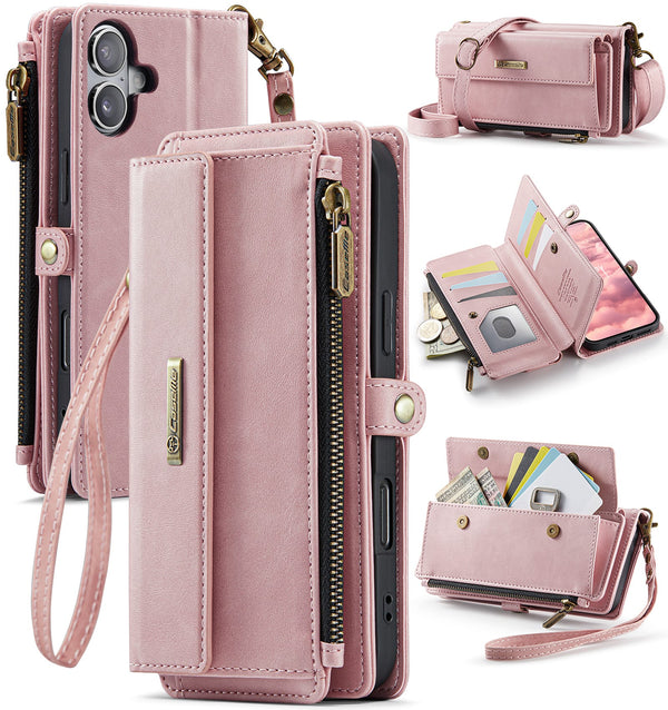 iPhone 16 Plus Crossbody Case with Strap, Card Slots & Zipper Pocket [Pink]