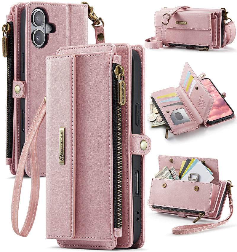 iPhone 16 Plus Crossbody Case with Strap, Card Slots & Zipper Pocket [Pink]