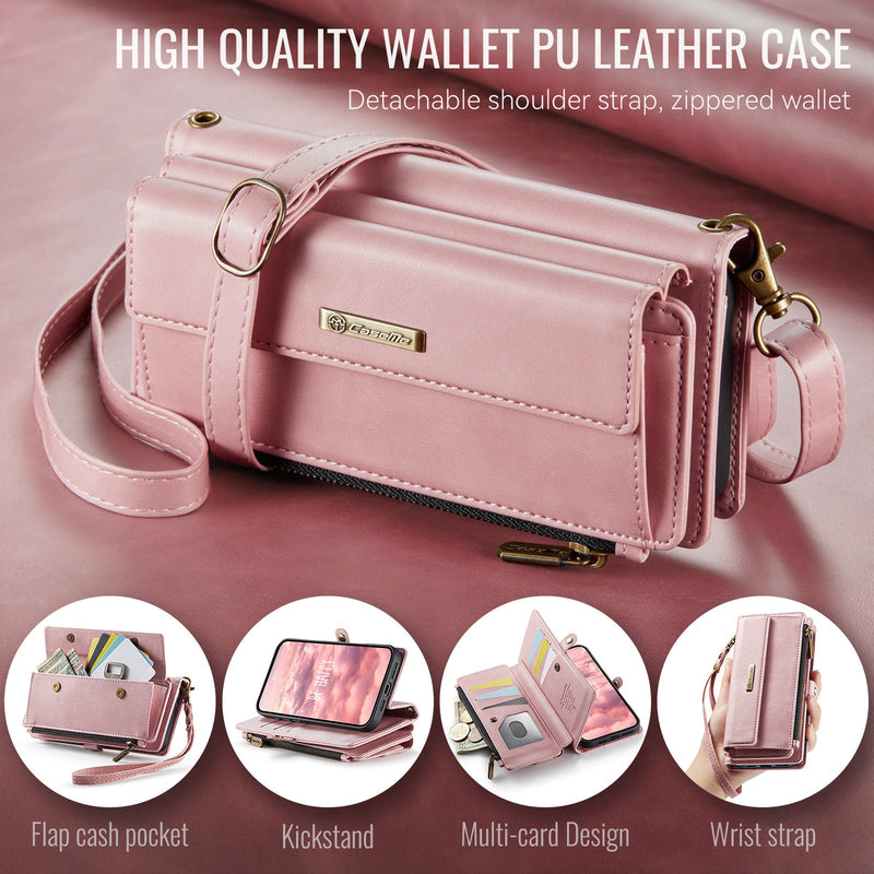 iPhone 16 Crossbody Case with Strap, Card Slots & Zipper Pocket [Pink]