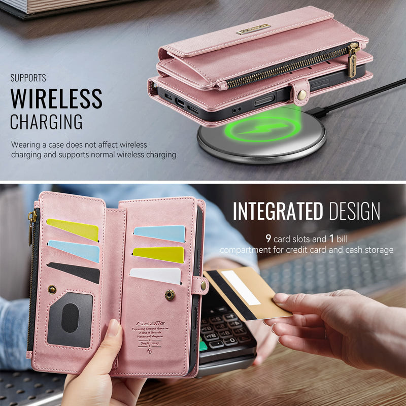 iPhone 16 Plus Crossbody Case with Strap, Card Slots & Zipper Pocket [Pink]