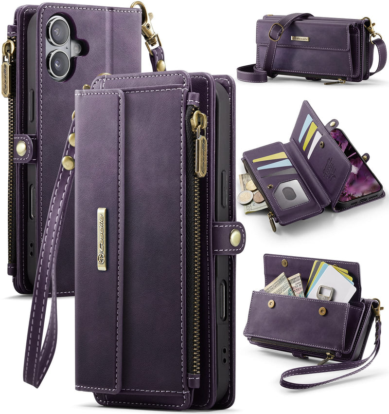 iPhone 16 Crossbody Case with Strap, Card Slots & Zipper Pocket [Purple]