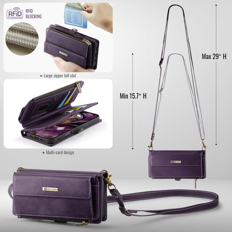 iPhone 16 Plus Crossbody Case with Strap, Card Slots & Zipper Pocket [Purple]