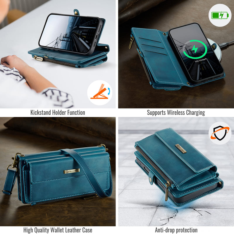 iPhone 16 Crossbody Case with Strap, Card Slots & Zipper Pocket [Teal]