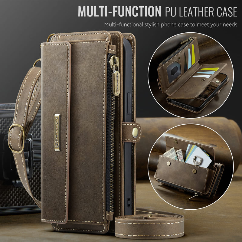 iPhone 16e Crossbody Case with Strap, Card Slots & Zipper Pocket [Coffee]