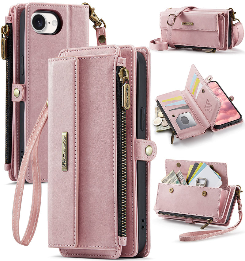 iPhone 16e Crossbody Case with Strap, Card Slots & Zipper Pocket [Pink]