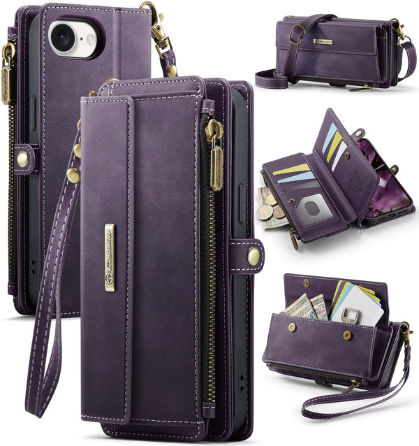 iPhone 16e Crossbody Case with Strap, Card Slots & Zipper Pocket [Purple]