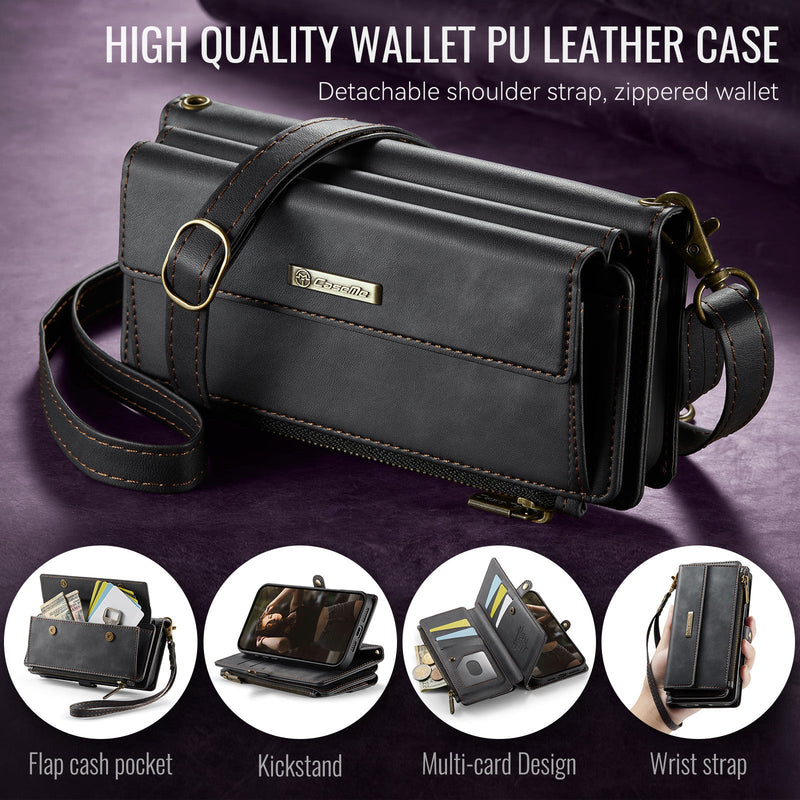 iPhone 16 Pro Crossbody Case with Strap, Card Slots & Zipper Pocket [Black]