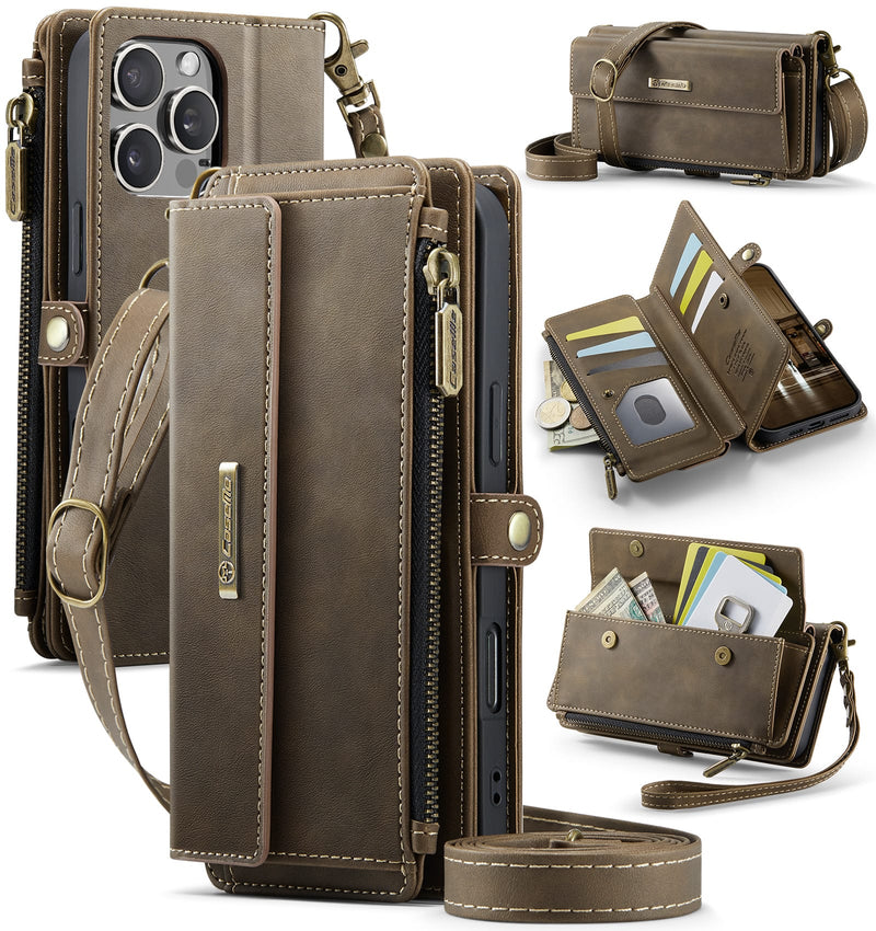 iPhone 16 Pro Max Crossbody Case with Strap, Card Slots & Zipper Pocket [Coffee]