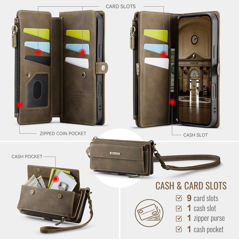 iPhone 16 Pro Max Crossbody Case with Strap, Card Slots & Zipper Pocket [Coffee]