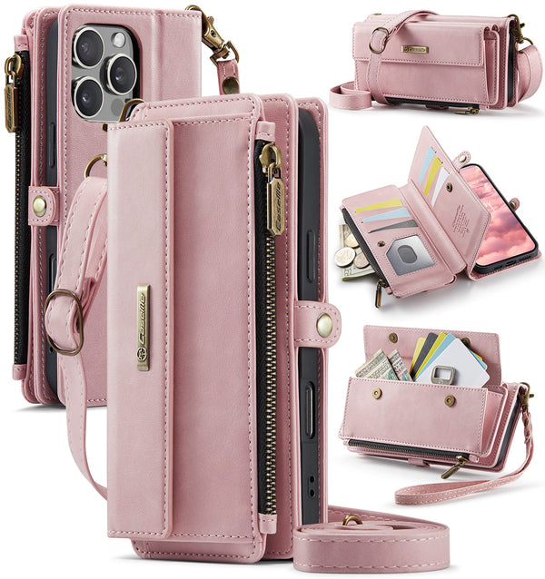 iPhone 16 Pro Max Crossbody Case with Strap, Card Slots & Zipper Pocket [Pink]