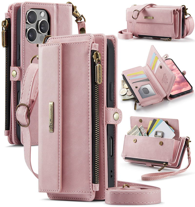 iPhone 16 Pro Crossbody Case with Strap, Card Slots & Zipper Pocket [Pink]
