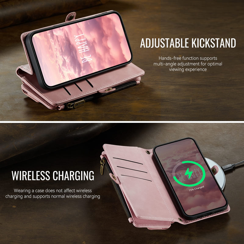 iPhone 16 Pro Max Crossbody Case with Strap, Card Slots & Zipper Pocket [Pink]