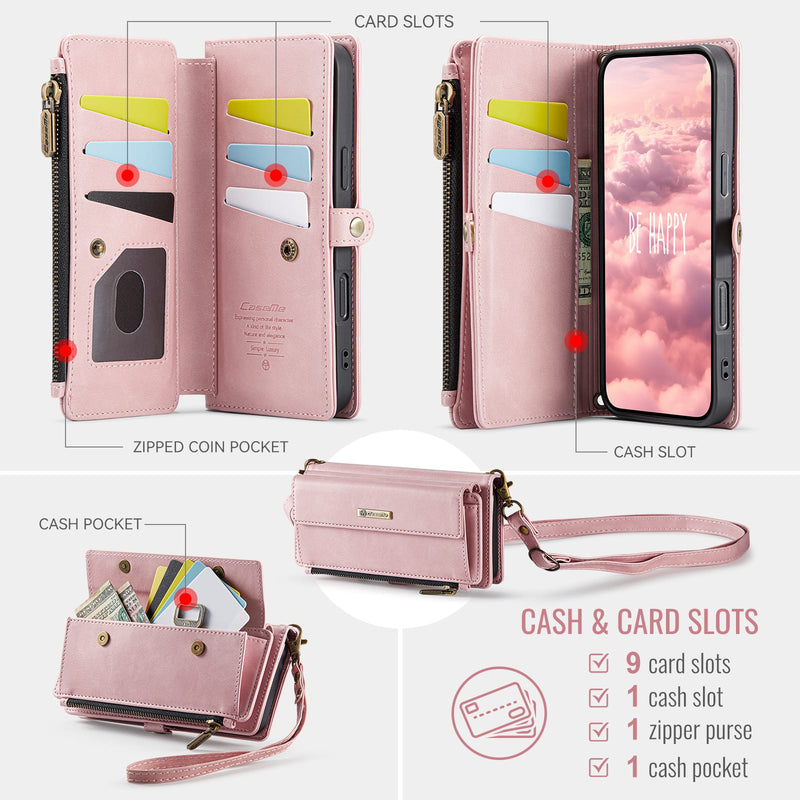 iPhone 16 Pro Crossbody Case with Strap, Card Slots & Zipper Pocket [Pink]