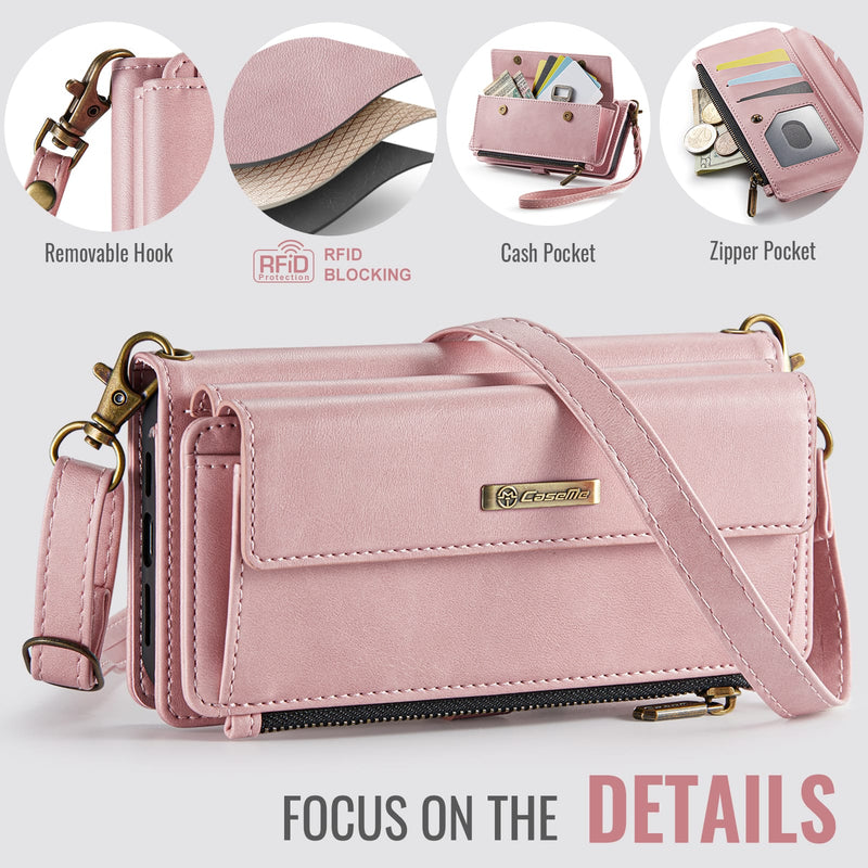 iPhone 16 Pro Max Crossbody Case with Strap, Card Slots & Zipper Pocket [Pink]