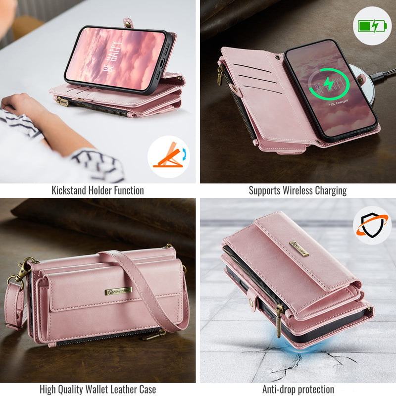 iPhone 16 Pro Max Crossbody Case with Strap, Card Slots & Zipper Pocket [Pink]