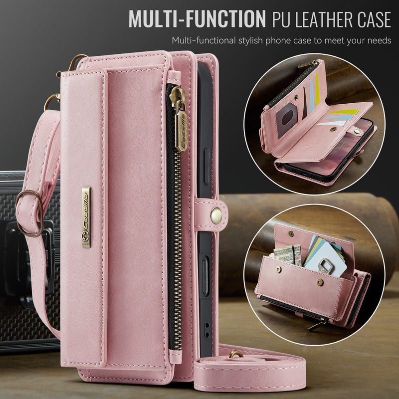 iPhone 16 Pro Max Crossbody Case with Strap, Card Slots & Zipper Pocket [Pink]