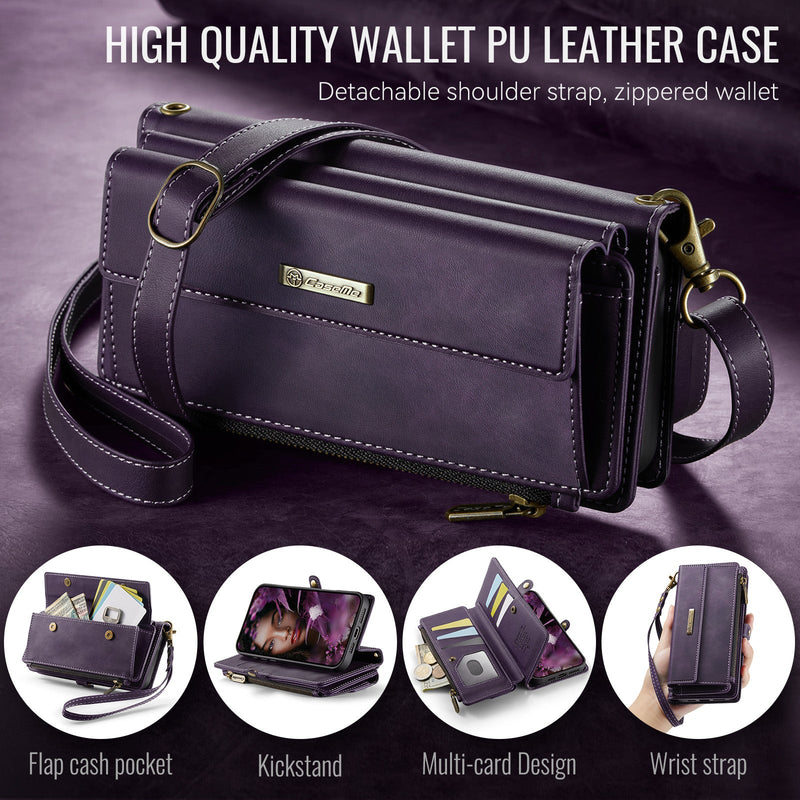 iPhone 16 Pro Max Crossbody Case with Strap, Card Slots & Zipper Pocket [Purple]