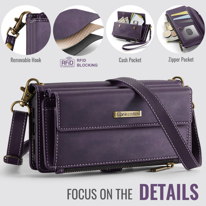 iPhone 16 Pro Max Crossbody Case with Strap, Card Slots & Zipper Pocket [Purple]