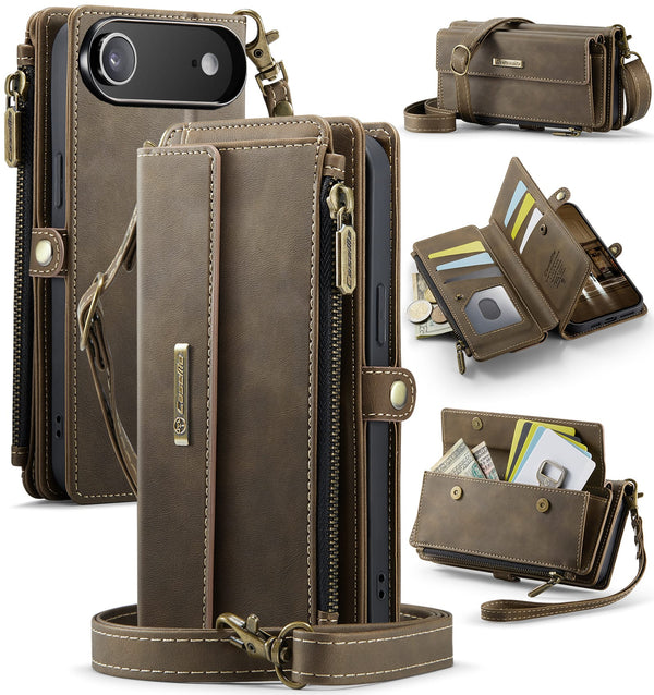 iPhone 17 Air Crossbody Case with Strap, Card Slots & Zipper Pocket [Coffee]