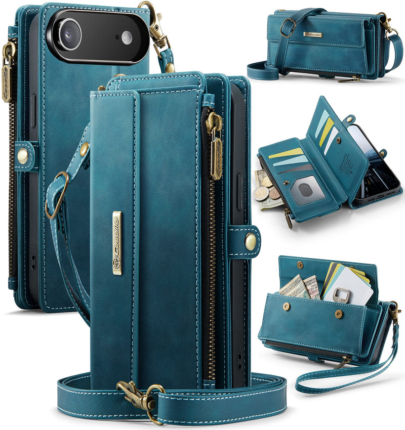 iPhone 17 Air Crossbody Case with Strap, Card Slots & Zipper Pocket [Teal]
