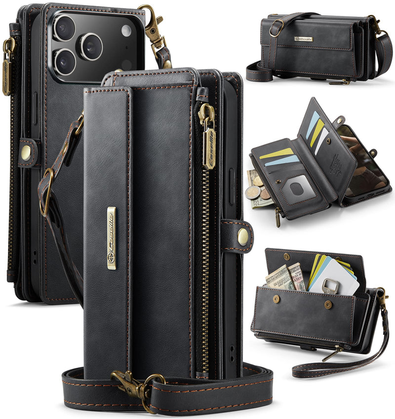 iPhone 17 Pro Crossbody Case with Strap, Card Slots & Zipper Pocket [Black]
