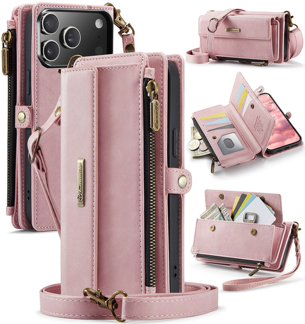 iPhone 17 Pro Crossbody Case with Strap, Card Slots & Zipper Pocket [Pink]