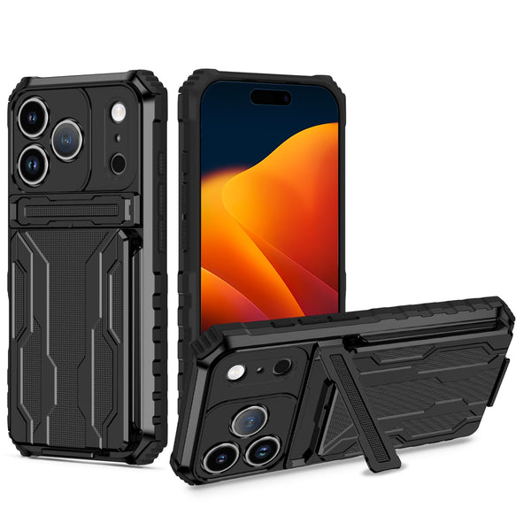 iPhone 17 Pro Rugged Case with Card Holder & Kickstand [Black]
