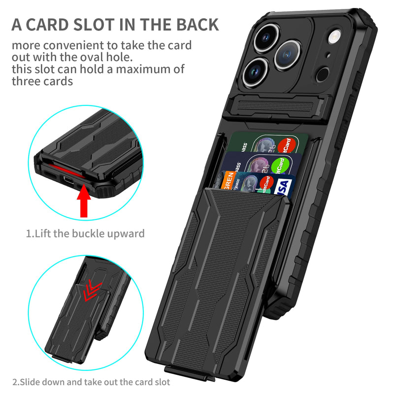 iPhone 17 Pro Rugged Case with Card Holder & Kickstand [Black]
