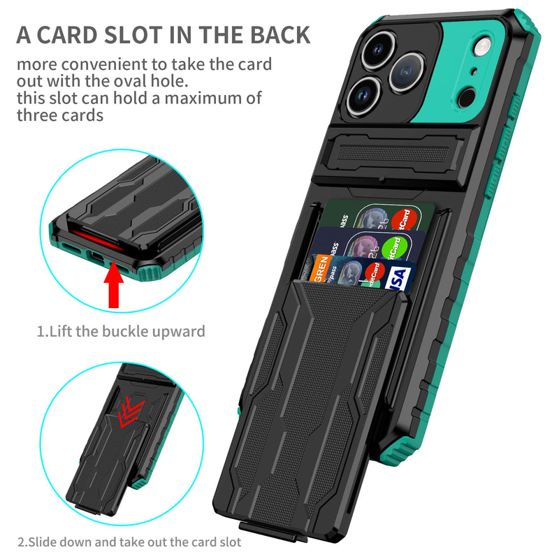 iPhone 17 Pro Max Rugged Case with Card Holder & Kickstand [Teal]