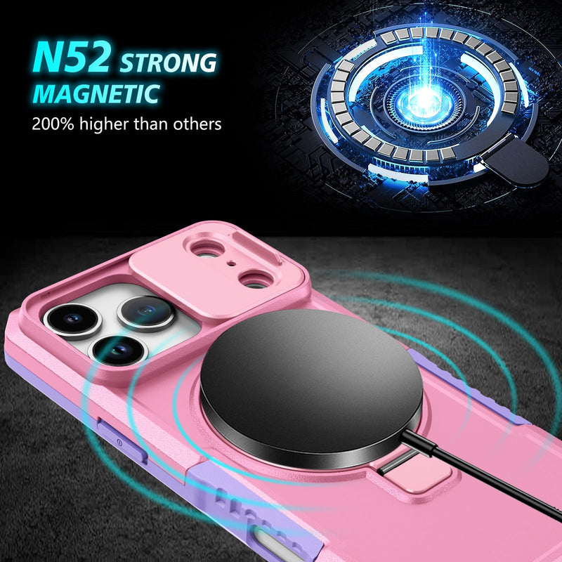 iPhone 17 Pro Max MagSafe Case with Sliding Camera Cover & Ring Stand [PinkWhite]