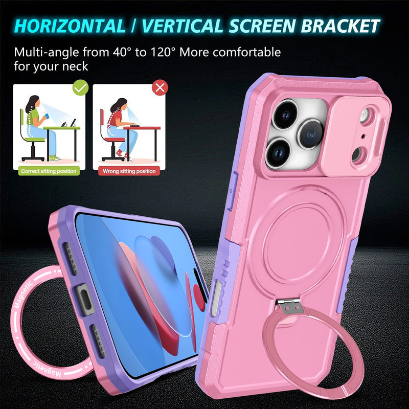 iPhone 17 Pro Max MagSafe Case with Sliding Camera Cover & Ring Stand [PinkWhite]