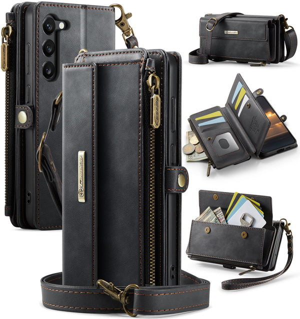Samsung Galaxy S23 Crossbody Case with Strap, Card Slots & Zipper Pocket [Black]